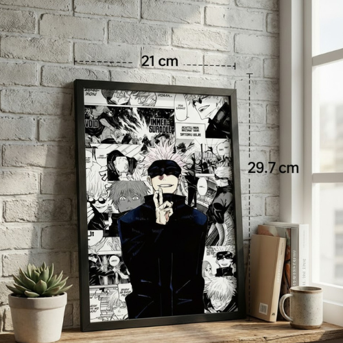 Jujutsu Kaisen Satoru Gojo Anime Poster Framed Manga Panel Wall Art for Living Room Bedroom Decor Aesthetic Black & White Collage Print for Fans Gift