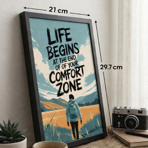 A4 size framed posters Motivational Quote Wall Art 'Life Begins' Inspirational Decor for Home Office Living Room Study Room Travel Adventure Theme Black Frame Poster