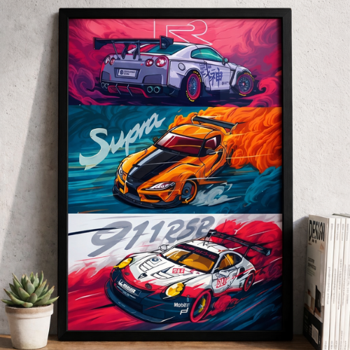 Legends Framed Poster featuring Nissan GTR, Supra & Porsche 911. Vibrant Anime Style Car Racing Wall Art for Boys Room, Office, Living Room & Garage Decoration.