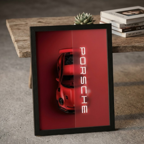 Porsche Red Car Framed Wall Art Poster for Living Room & Bedroom Decor. Modern Automotive Sports Car Wall Hanging with Black Frame, Stylish Office Decoration