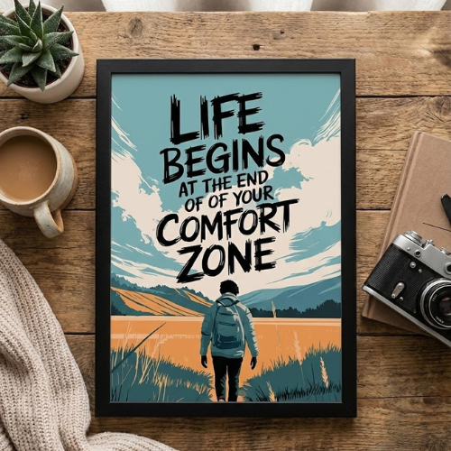 A4 size framed posters Motivational Quote Wall Art 'Life Begins' Inspirational Decor for Home Office Living Room Study Room Travel Adventure Theme Black Frame Poster