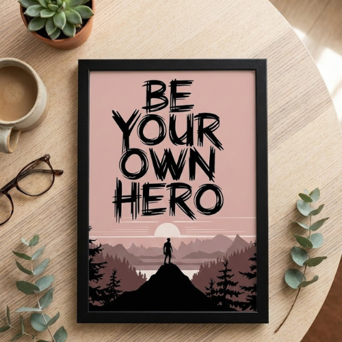 A4 size framed posters with "Be Your Own Hero" motivational quote. Inspirational wall decor for living room, office, or study. Modern art print with black frame for positive vibes.