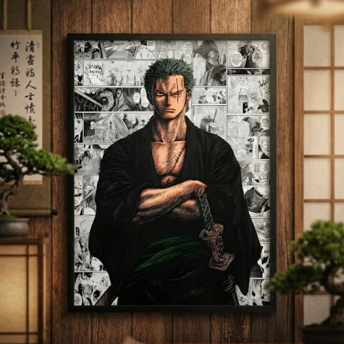 Roronoa Zoro One Piece Anime Framed Poster Wall Art with Manga Collage background. Stylish Home Decor for Living Room, Bedroom, or Gaming Room. Perfect Gift for Fans