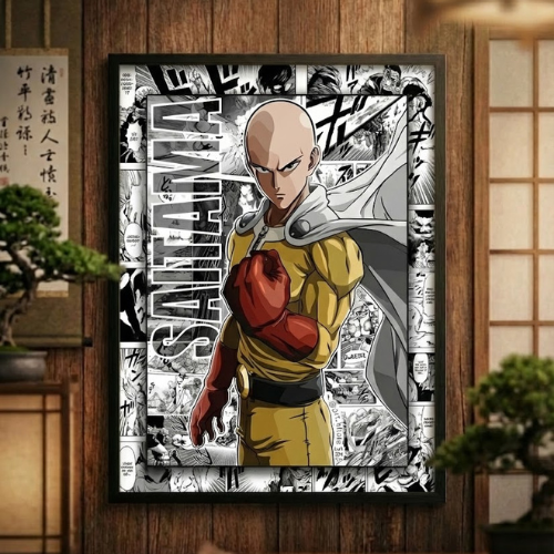 One Punch Man Saitama Anime Poster Framed Manga Wall Art for Living Room Bedroom Home Decor. Cool Japanese Otaku Gift for Boys and Men. High Quality Print.