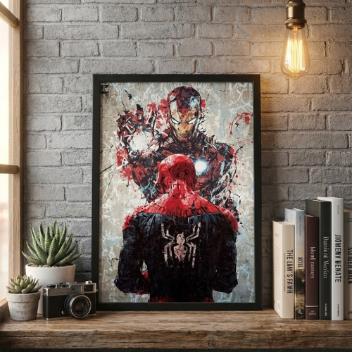 Superhero Wall Art Poster - Iron Man & Spider-Man Epic Battle Framed Canvas Print for Home Decor & Vibrant Marvel Fan Gift