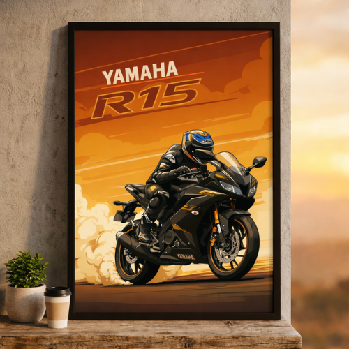 Yamaha R15 Bike Wall Art Framed Poster for Living Room Bedroom Office Decor Stylish Motorcycle Painting for Home Decoration Gift for Bikers and Racing Fans High Quality Print