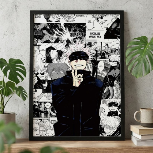 Jujutsu Kaisen Satoru Gojo Anime Poster Framed Manga Panel Wall Art for Living Room Bedroom Decor Aesthetic Black & White Collage Print for Fans Gift