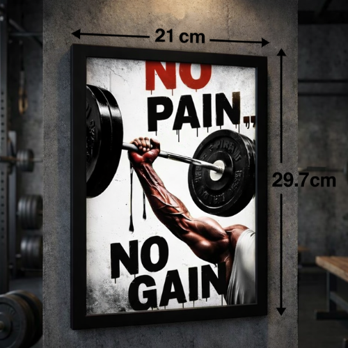A4 size framed poster No Pain No Gain Motivational Quote for Gym Wall Decor Fitness Bodybuilding Workout Inspirational Art for Home Gym Office Living Room Decoration