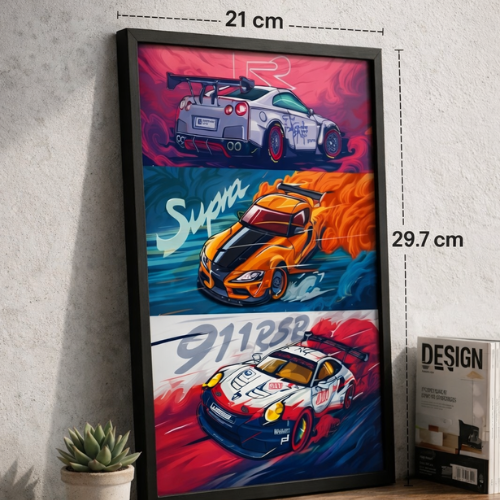 Legends Framed Poster featuring Nissan GTR, Supra & Porsche 911. Vibrant Anime Style Car Racing Wall Art for Boys Room, Office, Living Room & Garage Decoration.