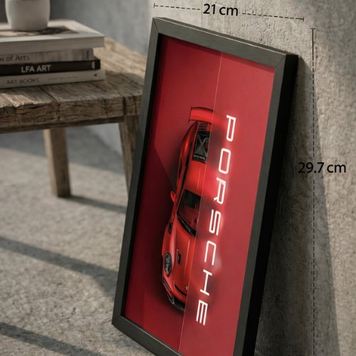 Porsche Red Car Framed Wall Art Poster for Living Room & Bedroom Decor. Modern Automotive Sports Car Wall Hanging with Black Frame, Stylish Office Decoration
