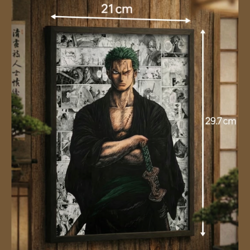 Roronoa Zoro One Piece Anime Framed Poster Wall Art with Manga Collage background. Stylish Home Decor for Living Room, Bedroom, or Gaming Room. Perfect Gift for Fans